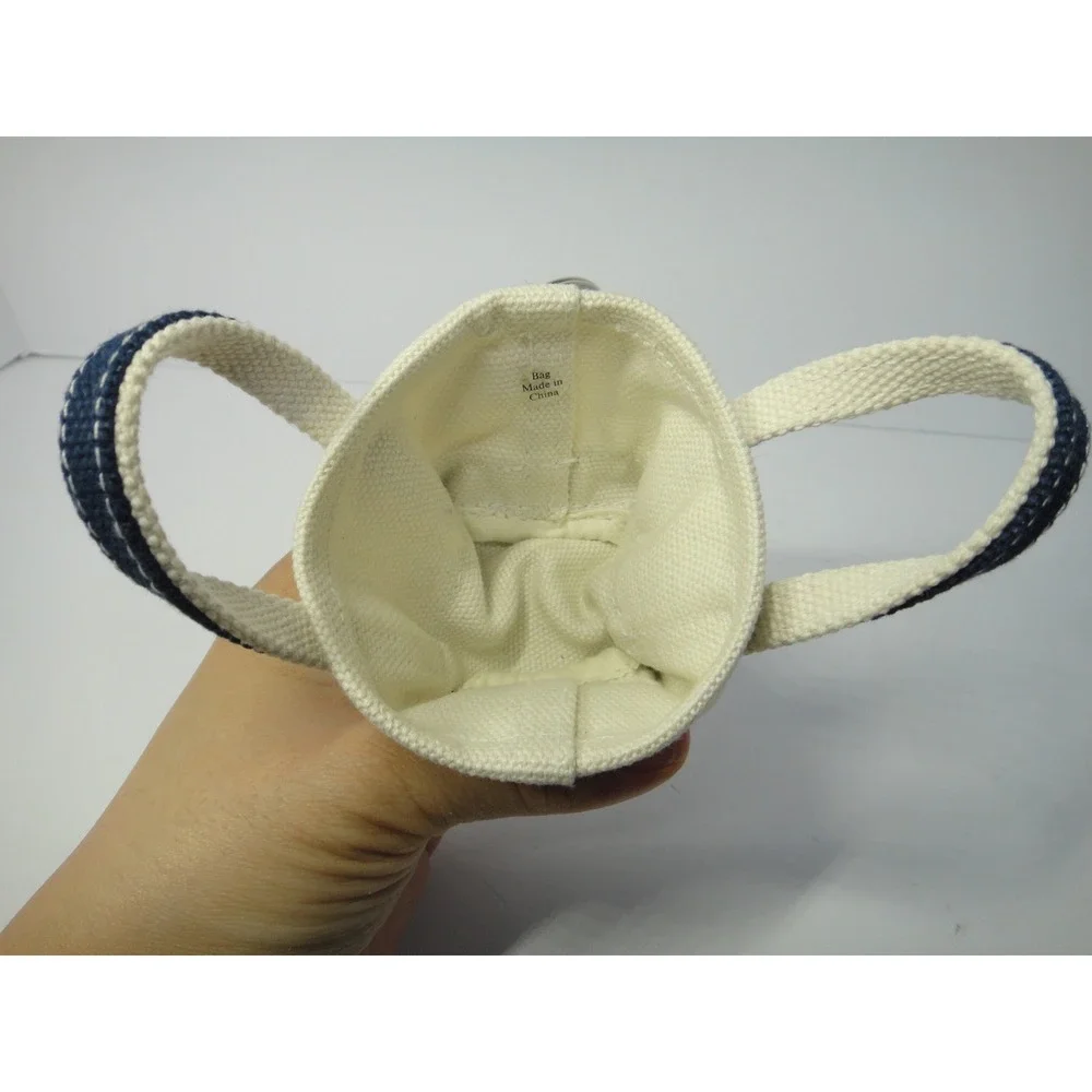 Lands End Mini Canvas Tote Bag Keychain Navy Blue Cream Nautical Bag Charm EUC